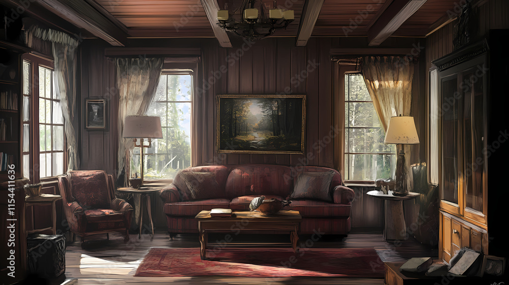 Interior moderno da sala de estar com parede de madeira. Hinterland. Illustration Interior moderno da sala de estar com parede de madeira. Hinterland. Illustration