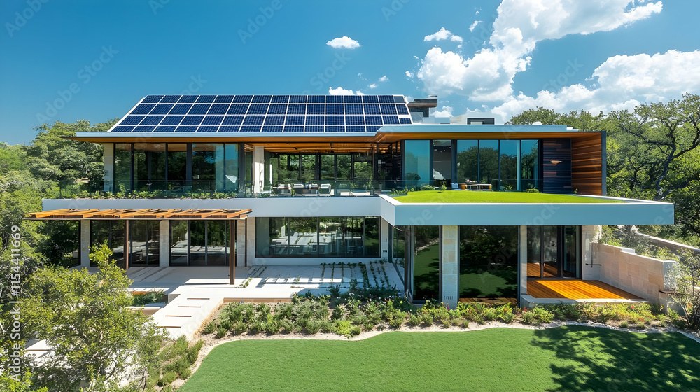 Modern eco-friendly mansion in Austin Texas with solar panels and a green rooftop Modern eco-friendly mansion in Austin Texas with solar panels and a green rooftop