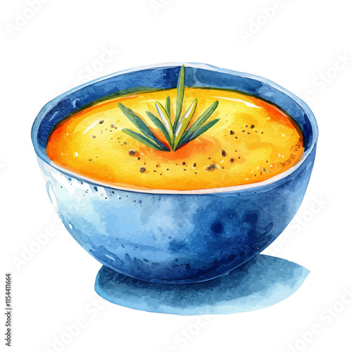 A watercolor vector of a bowl of warm butternut squash soup, isolated on a white background. Butternut squash soup vector.
