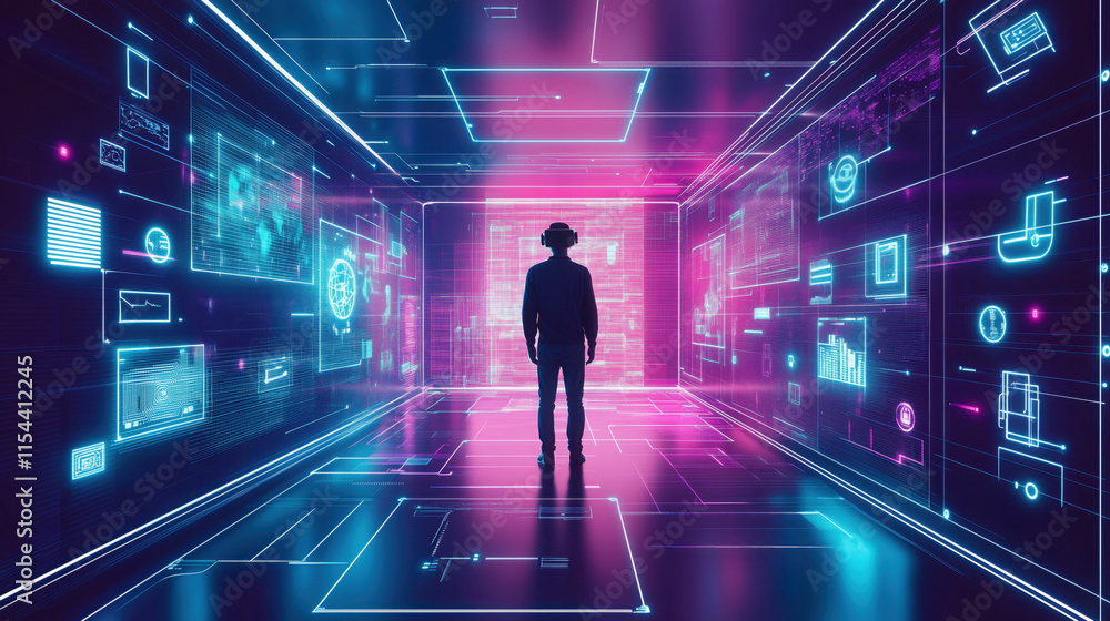 Man Standing in a Neon-Lit Room Surrounded by Floating Virtual Reality Icons, Symbolizing the Metaverse and Blockchain Integration Man Standing in a Neon-Lit Room Surrounded by Floating Virtual Reality Icons, Symbolizing the Metaverse and Blockchain Integration