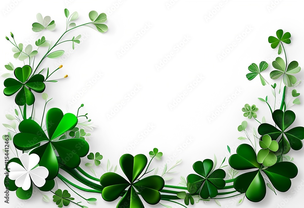Decorative border featuring lush green clovers and delicate white flowers on a clean background Decorative border featuring lush green clovers and delicate white flowers on a clean background