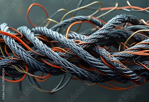 Tangled mess of steel cables and wires in a chaotic arrangement