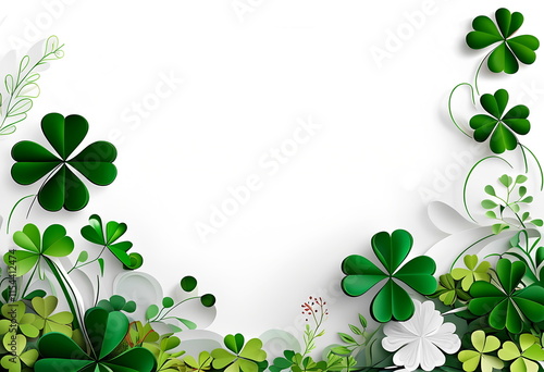 Decorative border featuring lush green clovers and delicate white flowers on a clean background
