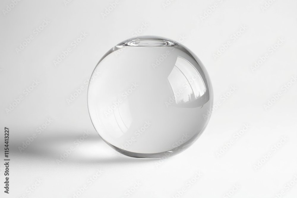 A clear glass sphere rests on a white surface, reflecting light and casting a subtle shadow. A clear glass sphere rests on a white surface, reflecting light and casting a subtle shadow.