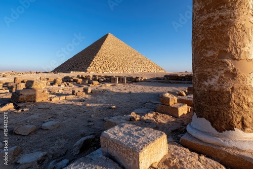 A striking image of pyramid ruins with a classic pillar in the foreground, emphasizing the grandeur of ancient architecture juxtaposed with the passage of time. photo