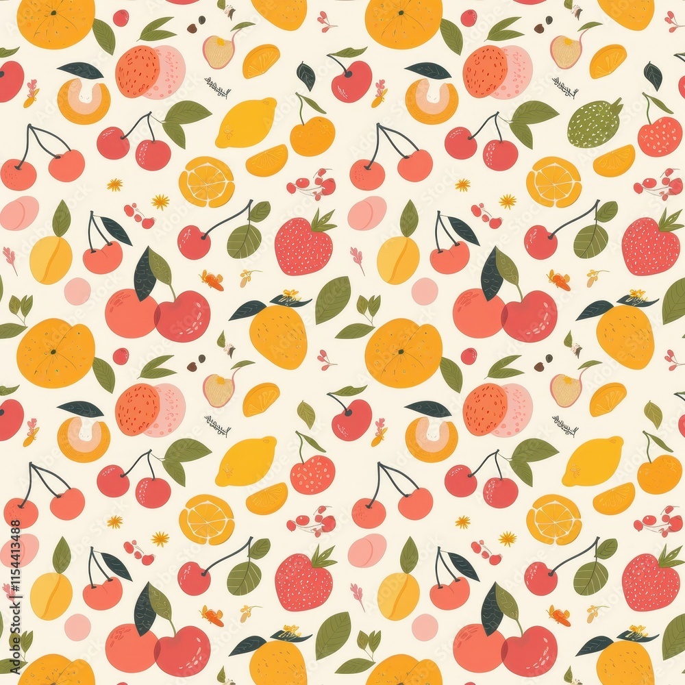 A vibrant pattern featuring various fruits in a playful design. A vibrant pattern featuring various fruits in a playful design.