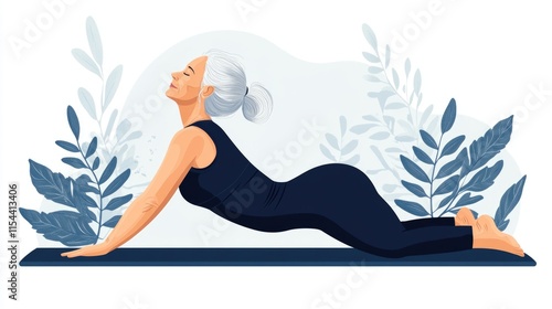 Elderly caucasian woman practicing yoga in outdoor setting with plants and peaceful expression photo