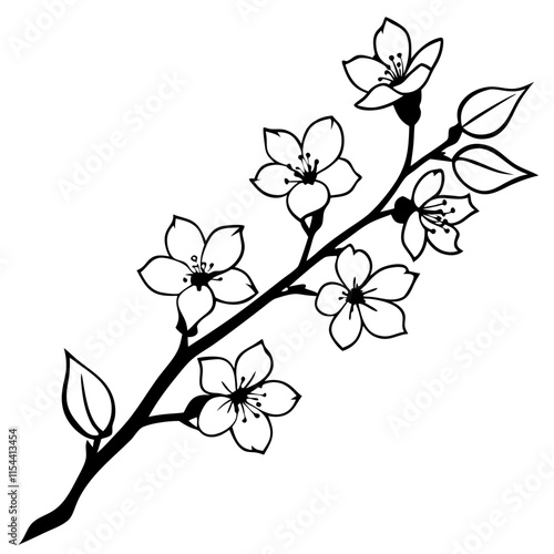 Cherry blossom branch, black and white vector for elegant wall art.
