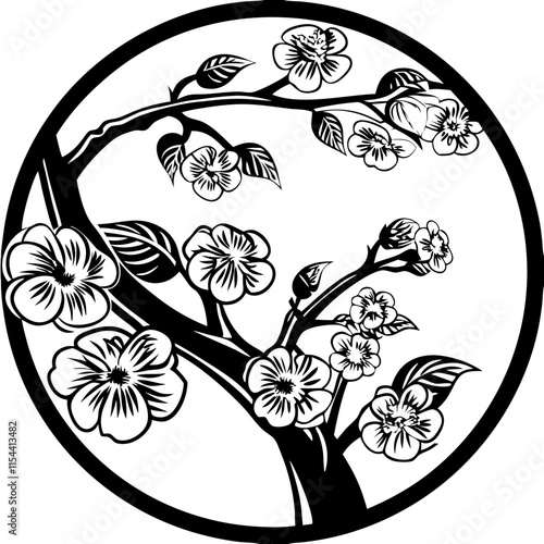 Cherry blossom branch, black and white vector for elegant wall art.