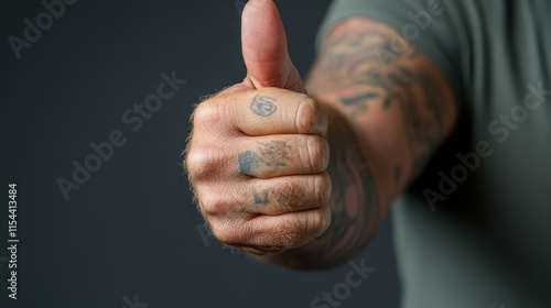 A hand covered in tattoos presents a thumbs up gesture, emphasizing individuality and personal expression, set against a neutral background, symbolizing self-assurance. photo