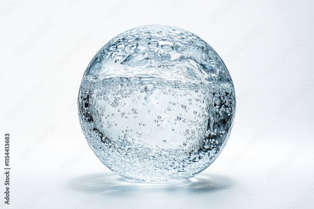 A glass sphere filled with sparkling water, showcasing bubbles and a clear liquid. A glass sphere filled with sparkling water, showcasing bubbles and a clear liquid.