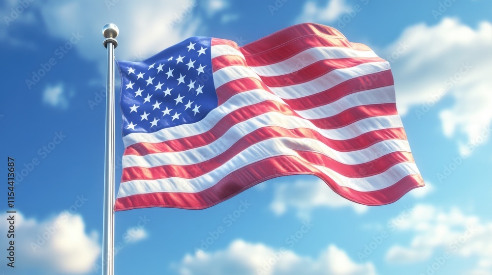 American flag waving against blue sky with clouds Happy 4th of July, Independence Day USA American flag waving against blue sky with clouds Happy 4th of July, Independence Day USA