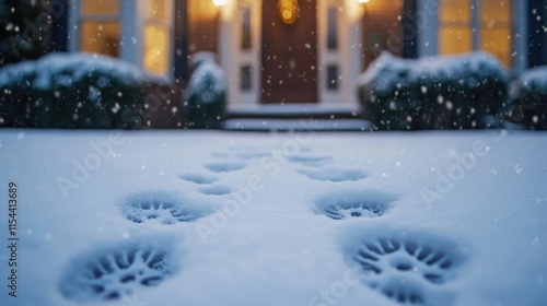 Wallpaper Mural Footprints in fresh snow leading to a cozy winter house at dusk. First-Foot Day Torontodigital.ca