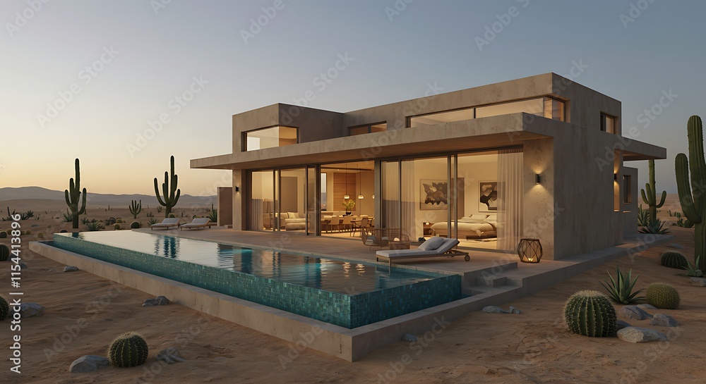Fototapeta premium Desert Modern House Infinity Pool Sunset View Luxury Villa Architecture
