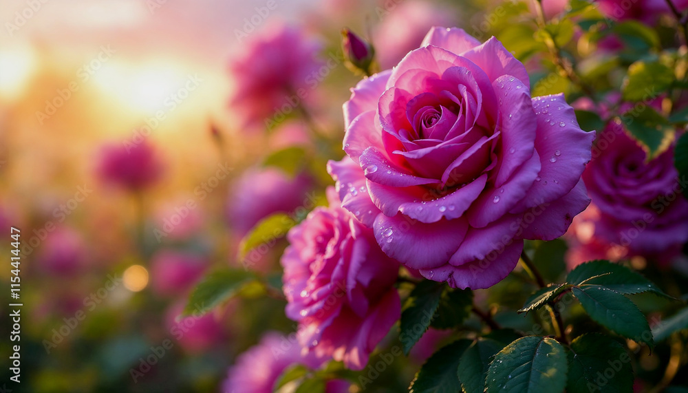Deep purple roses with clear water droplets on the smooth petals, nestled among vibrant green leaves, in a serene garden setting during early morning Deep purple roses with clear water droplets on the smooth petals, nestled among vibrant green leaves, in a serene garden setting during early morning