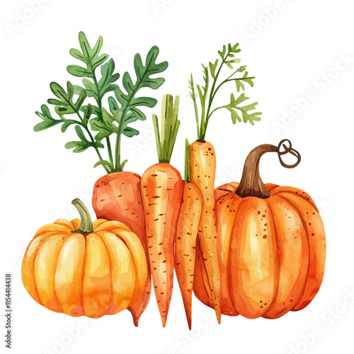 A watercolor drawing of a bunch of fresh carrots and pumpkins from the harvest, isolated on a white background. Fresh carrots pumpkins harvest vector.
