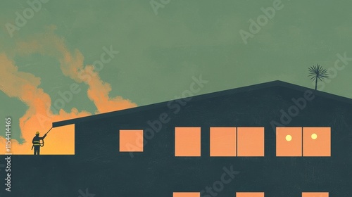 Dramatic Scene of Firefighter Battling Flames in Urban Building at Dusk with Warm Color Palette photo