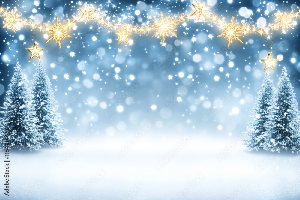 A winter and Christmas backdrop with snowfall and a blurred pine tree in the outdoor scene. A winter and Christmas backdrop with snowfall and a blurred pine tree in the outdoor scene.