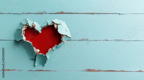 A vividly colored red heart revealed through a peeling blue wooden wall, creating an intriguing visual of contrast and passion symbolized by color interplay. photo