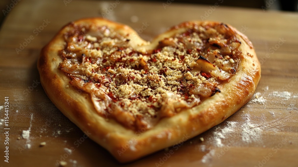 Heart-shaped pizza with cheese and toppings on wooden board. The 14th of February. Happy Valentine's Day Heart-shaped pizza with cheese and toppings on wooden board. The 14th of February. Happy Valentine's Day
