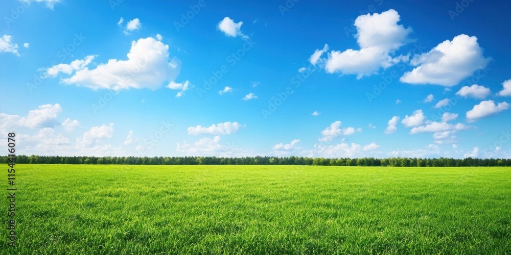 Fototapeta premium Paisaje de pradera con césped y cielo azul