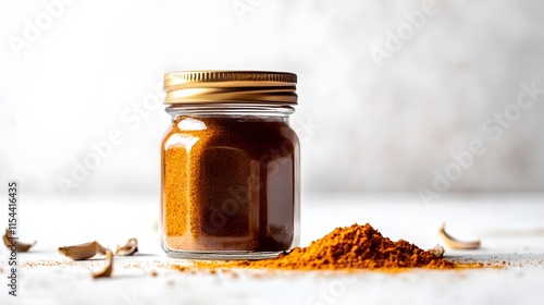 A glass jar with a gold lid filled with a  brownish-orange spice powder sits on a white surface. Some of the powder is spilled out next to the jar. Garlic cloves are scattered around. photo