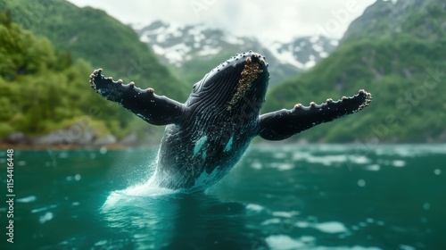 A whale leaps out of icy water in a scenic environment with mountains in the background, portraying the strength and freedom of marine life in a frozen landscape. photo