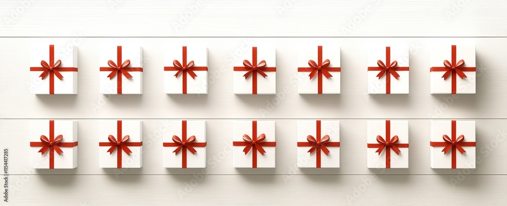 Obraz premium This eye-catching frame is made from Christmas fir branches, including gift boxes and red decorations with sparkles and confetti against a white background. Suitable for Xmas and New Year, the photo
