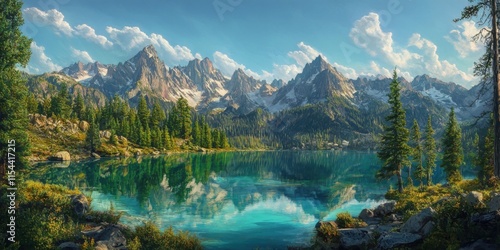 Paisaje montañoso con lago y árboles