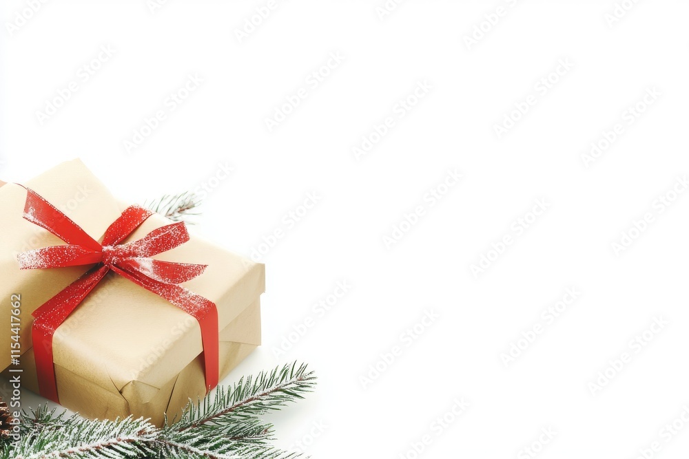 Fototapeta premium Christmas motifs are evident in gift boxes finished with craft paper. Beneath spruce branches dotted with wooden ornaments, Christmas gifts sit on a white background. The setting adheres to the