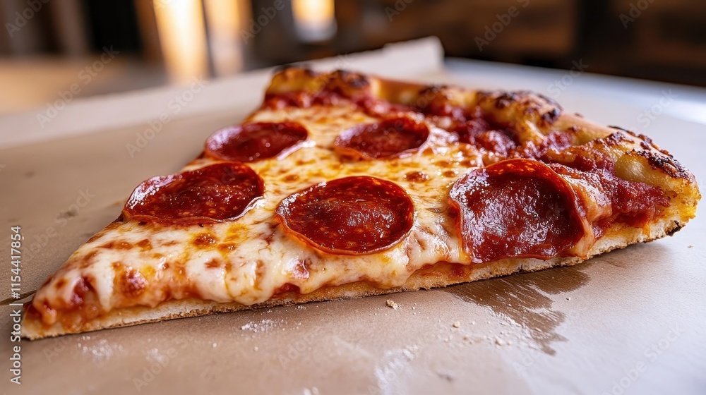 A delectable pepperoni pizza slice with appetizing cheese and toppings, presented on parchment paper, capturing the essence of a satisfying culinary treat. A delectable pepperoni pizza slice with appetizing cheese and toppings, presented on parchment paper, capturing the essence of a satisfying culinary treat.