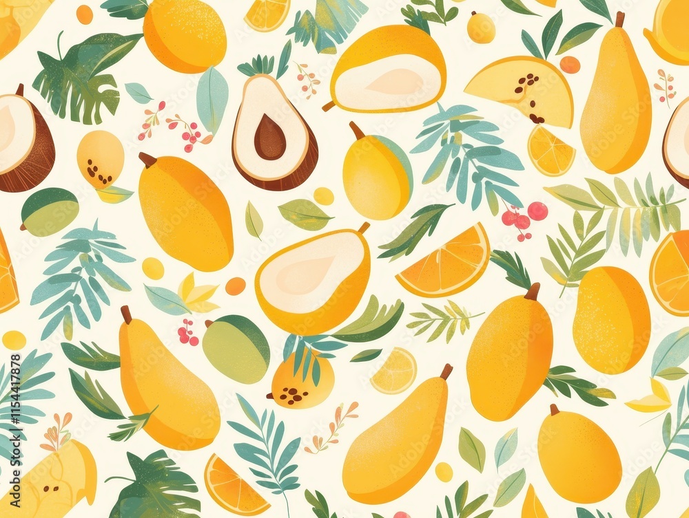 A vibrant pattern featuring various fruits and leaves on a light background. A vibrant pattern featuring various fruits and leaves on a light background.