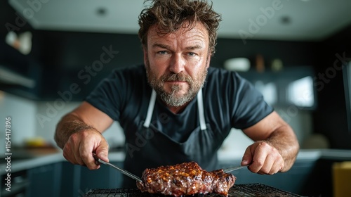 A bearded chef carefully holds a perfectly grilled piece of meat with tongs in a modern kitchen, capturing the art of culinary craftsmanship and passion. photo