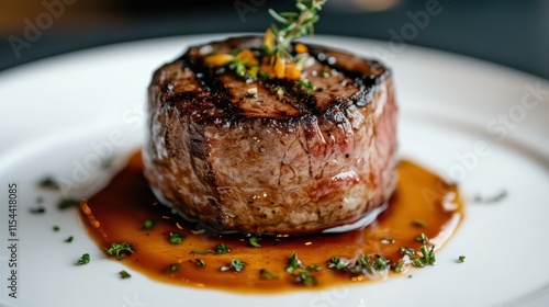 This image shows a juicy grilled steak garnished with fresh herbs, covered in sauce, symbolizing delicious gourmet cuisine and perfect meal preparation on a white plate. photo