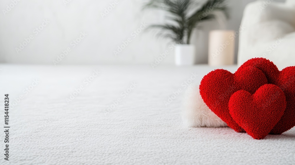 Three plush red heart shapes sit on a soft white surface, creating a cozy and romantic mood, representing love and warmth in a minimalist composition. Three plush red heart shapes sit on a soft white surface, creating a cozy and romantic mood, representing love and warmth in a minimalist composition.