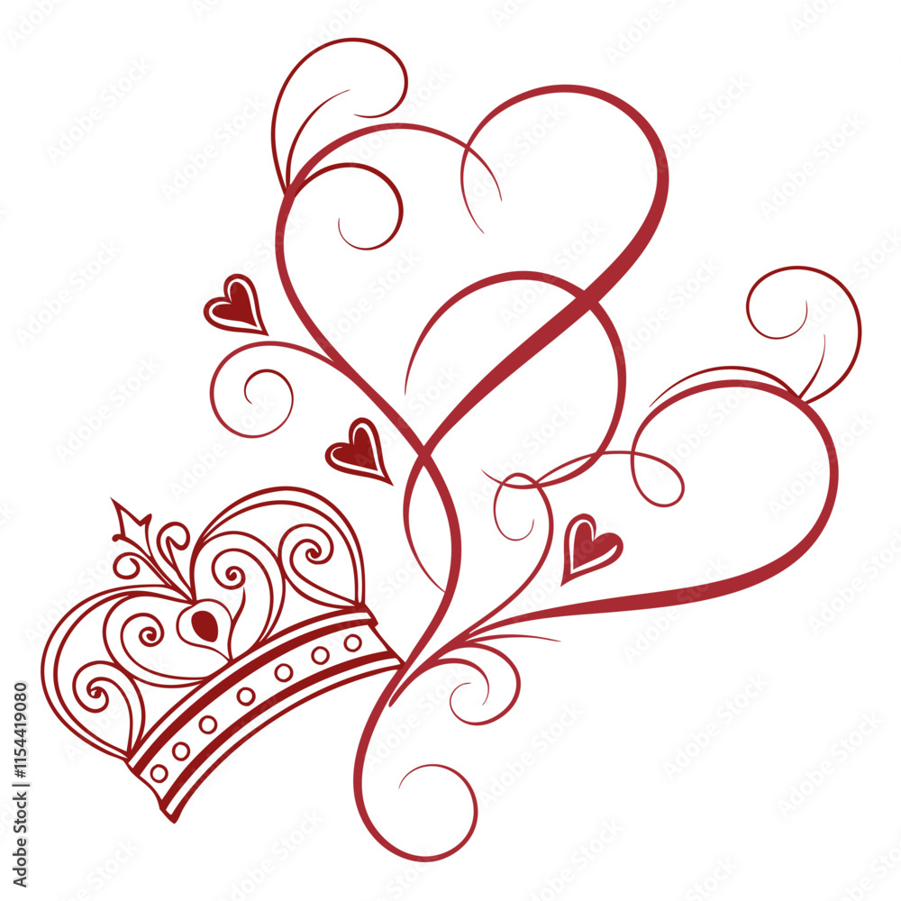 Red line art hearts and crown, romantic vector for weddings. Red line art hearts and crown, romantic vector for weddings.