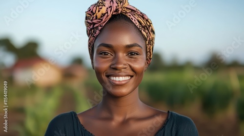 A woman with an artistic headscarf smiles contently in a cornfield, showcasing a blend of culture and nature. Ideal for content on agriculture or lifestyle. photo