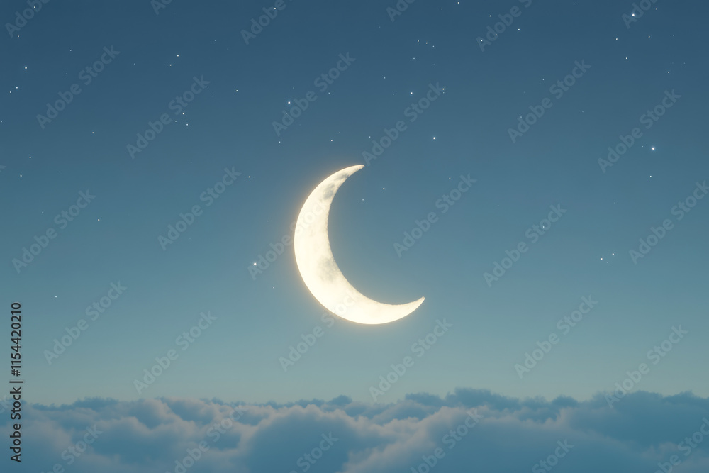 Crescent moon shining brightly over cloudy night sky with stars Crescent moon shining brightly over cloudy night sky with stars