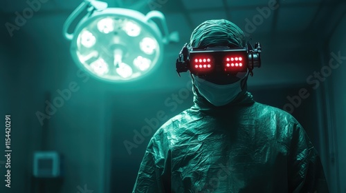 A surgeon in a green scrubs wearing futuristic red-lit eyewear stands in an operating room under surgical lighting, creating a sci-fi atmosphere. photo