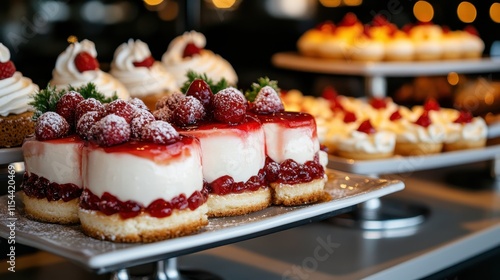 Elegantly presented mini cheesecakes garnished with a variety of fresh berries, offering a rich, creamy dessert option with a burst of fruity flavor. photo