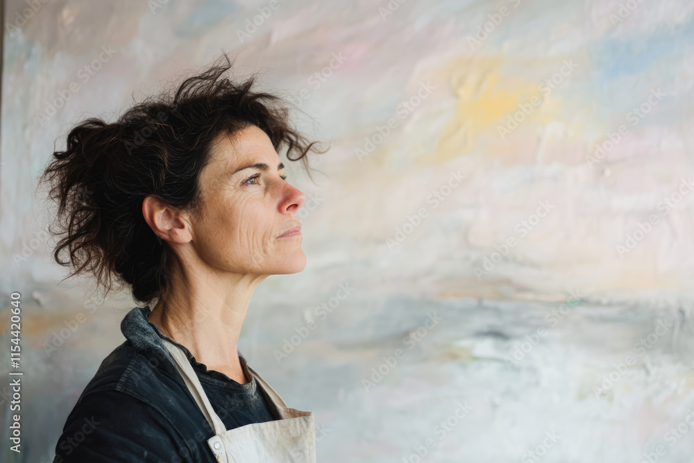 Obraz premium Caucasian female artist painting in studio with abstract background