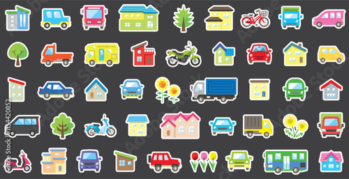 家と車と二輪車と植物のアイコンセット(カラー白縁取り)