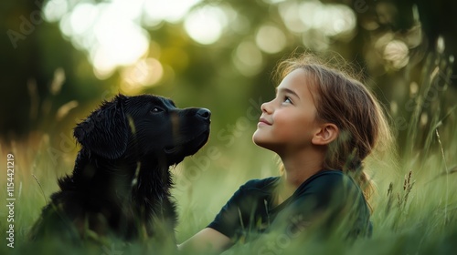 A young girl shares a tranquil moment with her black Labrador in a grassy meadow, illustrating the bond and pure joy found in friendship and nature's simplicity. photo