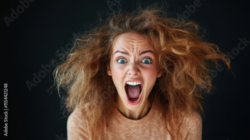 A woman with wild, frizzy hair is caught in a moment of intense emotion, her eyes wide and mouth open as she screams energetically, conveying suspense and drama. photo