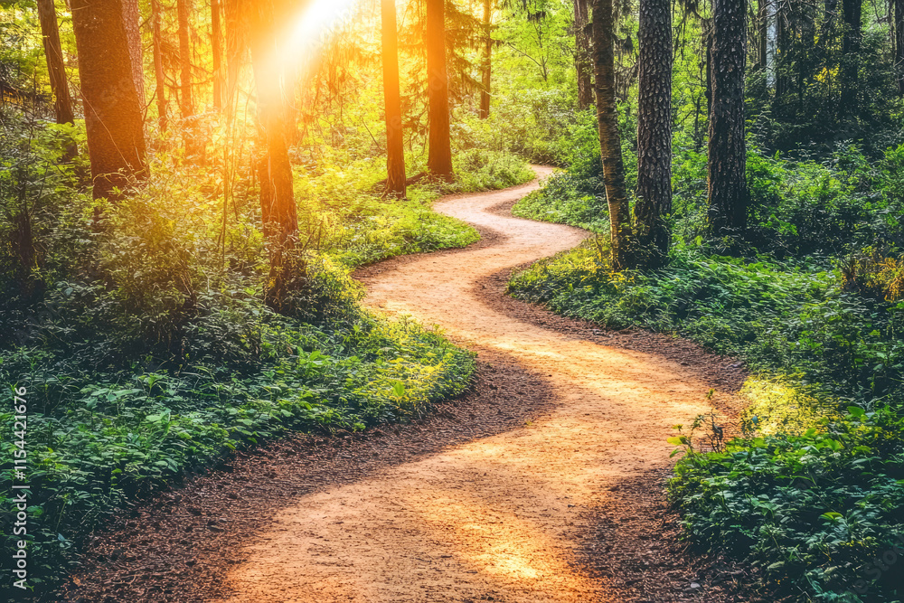 Fototapeta premium Sunlit forest path winding through lush greenery and tall trees at golden hour