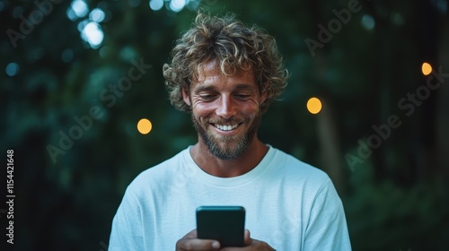 A bearded man stands outdoors surrounded by lush greenery and soft, glowing lights as he looks fondly at his smartphone, smiling gently under the evening sky. photo