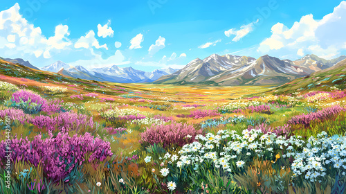 Tundra landscape with reintroduced plant species, highlighting ecosystem revival, landscape biomes restoration, tundra renewal. Tundral. Illustration
