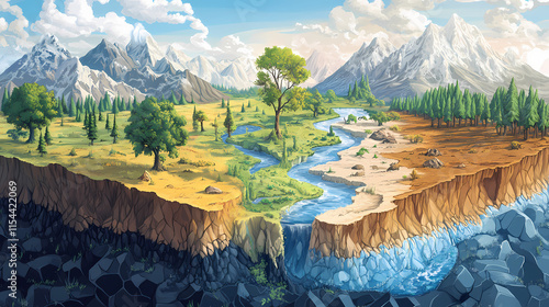 Visual aid on terrestrial biomes detailing characteristics of major biomes like tundra desert tropical rainforest and temperate grassland with maps and climate diagrams. Tundral. Illustration photo