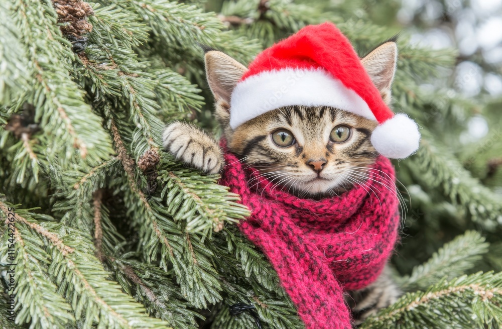 Obraz premium A playful cat in a red Santa hat is having fun among the Christmas tree and presents.