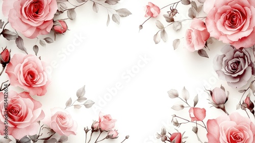 Elegant Floral Background with Pink and Red Roses and Delicate Leaves on a Soft White Canvas for Romantic and Artistic Designs